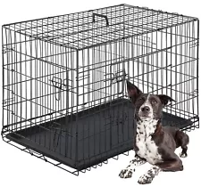 42" Dog Crate Kennel Folding Metal Pet Cage 2 Door With Tray Pan Black