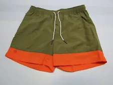 Oas Mens Swim Shorts Green Olive/Orange Size L Stripe Nylon Swimwear Drawstring