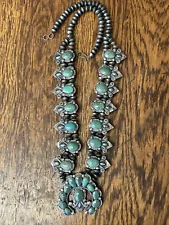 Vintage Old Pawn NAVAJO Squash Blossom Necklace Green Turquoise Sterling 27”