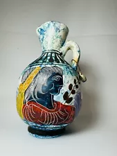 4.5" Greek Museum Replica Pitcher Vase Hand Painted Blue Lead Hanging Tag Ewer