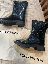 Louis Vuitton Black Logo LV Patent Rubber Drops Flat Half Rain-boots 38/7