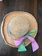 Vineyard Vines Sun Hat Woven Straw Wide Brim check pastels Band Beach Pool NEW