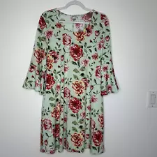 New Pioneer Woman Dress Shift Floral L Green 3/4 Bell Sleeve Pockets Boho Hippie