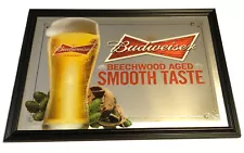 Budweiser Beer Mirror- 33”x23” Black Frame “Beechwood Aged” “Smooth Taste” Hops