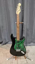 Squire Strat by Fender electric guitar black with green pickguard