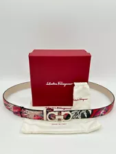 SALVATORE FERRAGAMO Women Size M/L RED FLORAL & Cream Reversible Gancini Belt