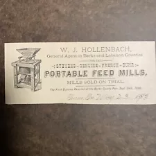 Antique Bill Of Sale Top For W.J. Hollenbach Portable Feed Mills 1893