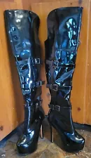 Ladies black patent leather thigh high platform stiletto high heel boots Size 8