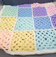 Crochet Square Afghan Throw Blanket Pastel Colors 46"x42" Vtg Baby Crib Boy Girl