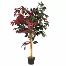 4Ft Artificial Capensia Bush Red/Green Leaves In/Outdoor Home Office Ficus Tree