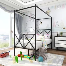 Metal Canopy Bed Frame Platform with X Shaped Twin Black Bedroom Furniture