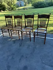 Set Of 4 Antique Oak Pressed Back Cane Bottom Kitchen Chairs