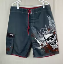 Billabong Mens Size 36 Gray Boardshorts Tattoo Skull King Wings Tattoo Vnt Y2K