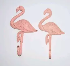 $10 SALE Flamingos Cast Iron Hooks Pair 2 Pink Distressed Cottage Style Beach