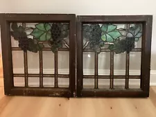 (2) Early 1900’s American Stained Glass Grape Vine Windows 21.5x24