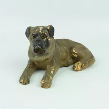 Antique Chalkware Laying American Bulldog Statue Figure Glass Eyes Dog 7" Long