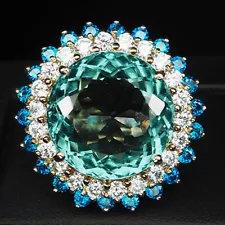 Charming Blue Paraiba Tourmaline Round 22.9Ct 925 Sterling Silver Rings Size 6