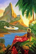 HAWAII HULA DANCE AIRPLANE BEACH VACATION TRAVEL TOURISM VINTAGE POSTER REPRO