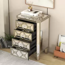 Elegant Mirrored 4-Drawer Chest With Golden Lines For Living Room, Bedroom