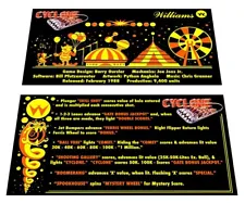 Williams Cyclone Pinball Custom Apron Instruction Cards