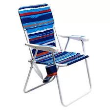 SunnyFeel Outdoor Beach Folding Chair w/Armrest & Cup Holder, Stripe Blue (Used)