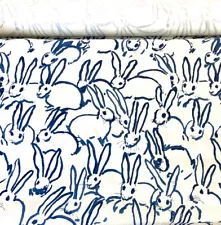 Hunt Slonem Groundworks Lee Jofa Hutch Print Bunnies Linen Fabric, Navy