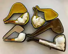 Four Hand-Carved Antique Meerschaum Pipes with Leather Cases New