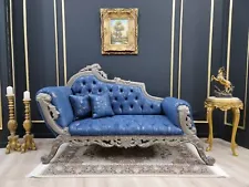 French Style Chaise Lounge/ Aged Gold Leaf Frame Finish/Hand Carved Wood Frame/