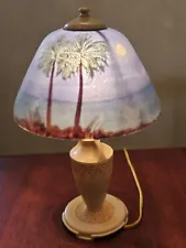 Antique Original Moe Bridges Boudoir Lamp & Shade Moon Palm Trees Reversed Paint