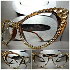 Women's VINTAGE 60s CAT EYE Clear Lens EYE GLASSES FRAMES Gold Crystals Handmade