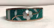 Vintage Turquoise & Mother Pearl Silver Cuff Bracelet Alpaca Mexico Estate Sale!