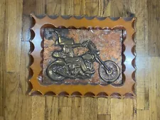 VIntage David Mann Chopper Folk Art 70s Wood Frame Biker Embossed Copper