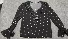 Womens Small Black Polka Dot Blouse Balloon Sleeve Business Career