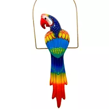 Hanging Macaw Parrot Bird in Brass Ring Perch Mexican Ceramic Animal Large 21in