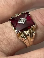 Vtg Men’s Solid 10k Yellow Gold Lab Ruby, Diamond Gemstone Ring Sz12.75, 7.1g