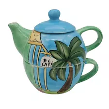 TEA FOR ONE~3 Piece Teapot Cup Colorful Florida Marketplace Palm Tree El Cafe'