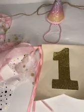 1st Birthday Banner For High Chair & A Party Hat Pink Gold