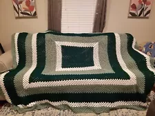 Green White Squares Crochet Granny Blanket Afghan Queen Size