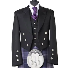 Black Prince Charlie Jacket With 5 Button Vest Scottish Kilt Jacket For Men