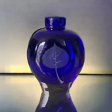 Beautiful Handmade Cobalt Blue Glass Bottle Finely Etched Leaf H-3.75" W-3.0"