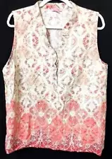 Rose & thyme beige medallion linen blend partial buttoned sleeveless top 2X