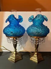 FENTON BLUE POPPY OLD STUDENT LAMP w/ cut crystal prisms (1-2)