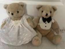 Vintage Wedding Teddy Bears Bride In Dress And Groom In Tux Plush Pair