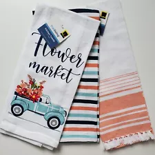 3 Kitchen Towels 1 Flower Market Farmhouse Blue Old Pickup Truck 2 Stripe Cotton