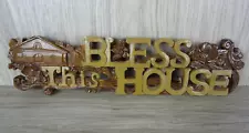 VTG Bless This House Hanging Decoration 60s 70s Brown Floral Cottage Garden Home