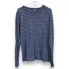 TODD SNYDER Cotton Linen Striped Long Sleeve Crew Neck Tee Shirt Blue Gray M