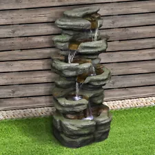 5-Tier Rock Water Fountain with LED Rock Cascading Outdoor Waterfall Fountains