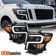 For 2016-2024 Nissan Titan Projector Headlight w/ LED Tube Signal- Black Housing