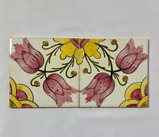 Vintage Pair Portuguese Ceramic Floral Tiles Viuva Lamego Libson Portugal 5.5"