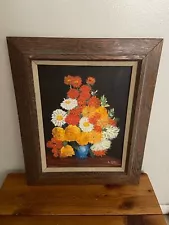 VGUC Linda Sykes Framed Chrysanthemum Painting on Canvas Moody Vintage Farmhouse